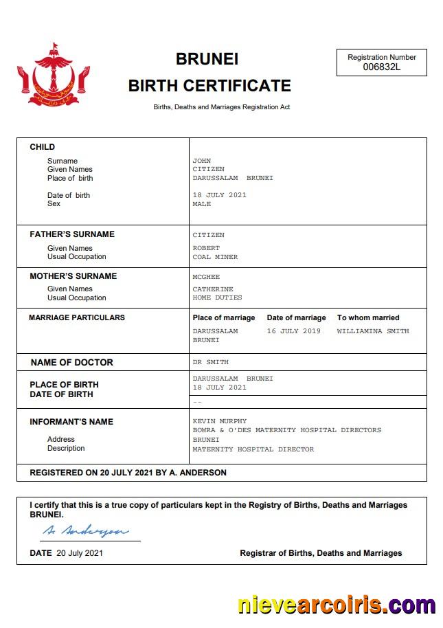 Brunei vital record birth certificate